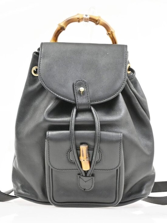 Gucci Handbags - GUCCI Logo Bamboo Drawstring Backpack Bag Leather Black GHW Italy 85KD531